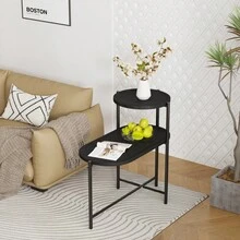 Small Coffee Tables 2-Tier Modern Sofa Side Table With Wood Storage Shelf Living Room End Tables Nightstands (Walnut Brown) - 黑色+金屬+現代 - 查看 1