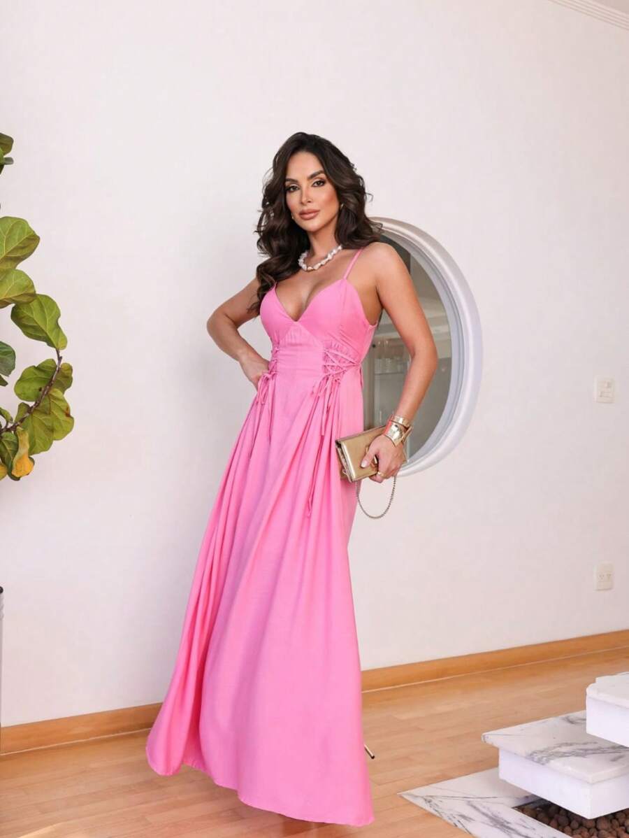 Long Andressa Dress With Tie At The Back And Adjustments At The Side - Màu Hồng Tươi - Xem 1