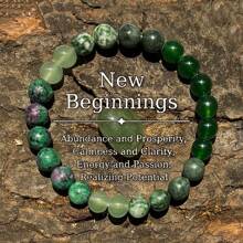 1 pieza Nuevo comienzo brazalete hecho a mano con aventurina verde, jade verde y cuentas de howlita, diseño unisex, joyería de cristales curativos para la abundancia, la prosperidad, la calma y la esperanza