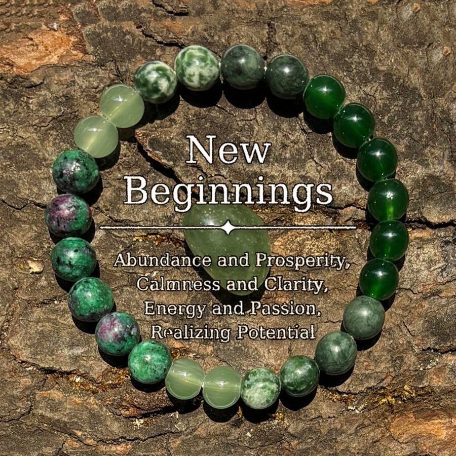 1 pieza Nuevo comienzo brazalete hecho a mano con aventurina verde, jade verde y cuentas de howlita, diseño unisex, joyería de cristales curativos para la abundancia, la prosperidad, la calma y la esperanza
