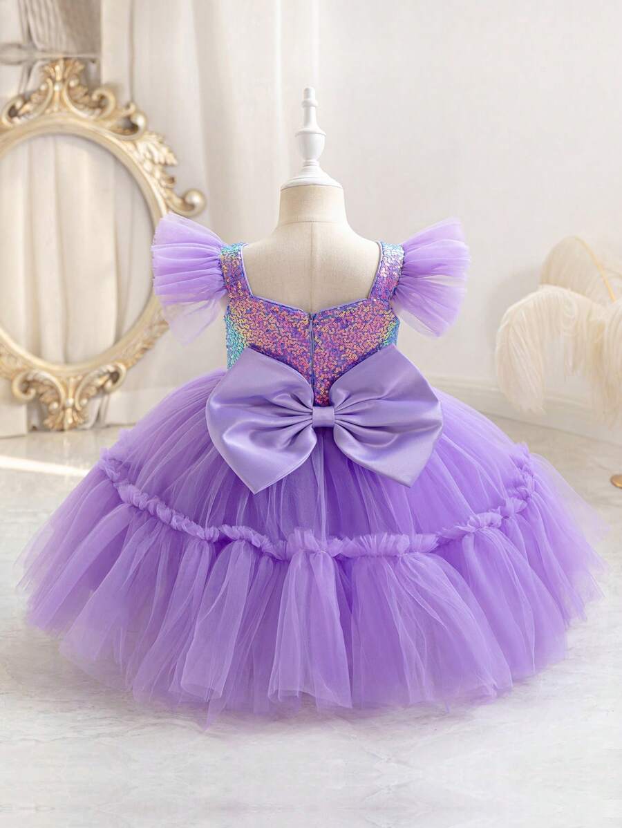 Young Girl Bowknot Shiny Sequin Mesh Princess Dress, Suitable For