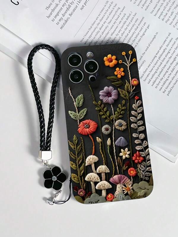 Lanyard 1pc Black TPU Floral Pattern Shock-Proof Phone Case And 1pc Black Drip Glue Rhinestone Floral Wrist Strap, Compatible With IPhone/Android/OPPO Phones