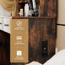 VOWNER Makeup Vanity Desk With Outlet, LED Lighted Mirror Brightness & Color Adjustable, 4 Shelves, 2 Drawers And Stool, For Girls Women - 質樸棕色 - 查看 3