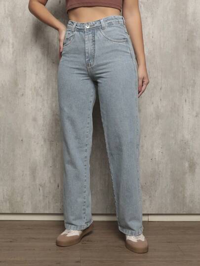 Calça Jeans Feminina Shein Wide Leg Cintura Alta Luxo Empina Bumbum Elegante 100% Jeans