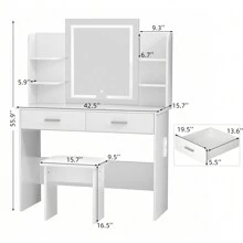 VOWNER Makeup Vanity Desk With Outlet, LED Lighted Mirror Brightness & Color Adjustable, 4 Shelves, 2 Drawers And Stool, For Girls Women - 白色 - 查看 8