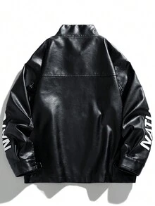 女士时尚休闲宽松修身夹克皮夹克黑色春季款 - 黑色 - 查看 3