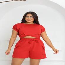 Pearl Set - Cargo Shorts + Blouse With Sleeve Detail | Option To Tie With A Knot At The Front, Adding An Extra Touch Of Sophistication And Femininity. - Đỏ - Xem 4