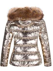 Womens Lightweight Jacket, Winter Coats For Women Warm Quilted Bubble Padded Hood Coat With Faux Fur Collar - 金色 - 查看 2