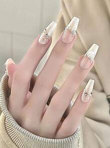 10pcs Handmade Press-On False Nails, Creative Coffin Shaped Artificial Nails, French Manicure Pull-String Nails, White Mother-Of-Pearl Textured French Simple Nails, With 3D Flower Pearl Diamond Bow Nail Decorations, Nude Nails, Coffin Nails, Fashionable Minimalist Colorful Nails, Cherry Blossom Nails, White Bow, White Nails, Pink Nails, Suitable For Spring, Summer, Autumn And Winter, European And American Style Nails, Cute Nail Decorations, Perfect For DIY Home Manicure, Office Daily Manicure, Gifts, Nail Art Supplies, Self-Learning Nail Art, Beginner Nail Art, Millennium Bug Style Nails, Fingernails, Nails, Upgraded Nails, Nail Art Set, Graduation Party Nails, Coffin Nail Tips, Almond Nail Tips, Nail Art Materials, Wedding Nails, Contrast Nails, New Style Nails, Birthday And Seasonal Gift Sets For Women And Girls! - White - View 3