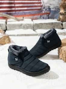 女士防水厚实纯色圆头低帮雪地靴，适合室内/户外休闲装，秋冬季