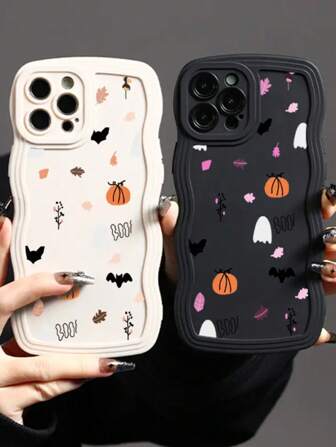 New Pumpkin, Bat, Leaf Pattern Simple And Personalized Halloween Gift Suitable For Family, Friends, Self, Couples - Compatible With Apple IPhone, Large Wavy Frosted Anti-Fall, Anti-Shock Protective Phone Case