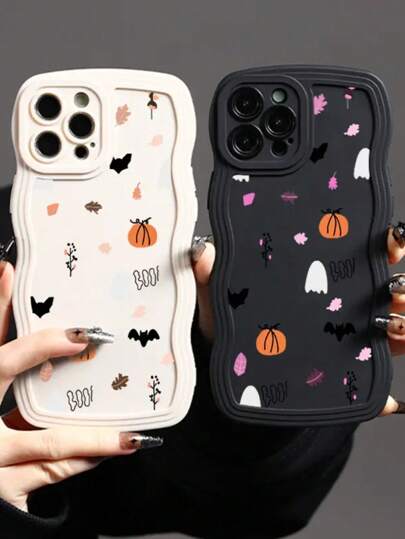 New Pumpkin, Bat, Leaf Pattern Simple And Personalized Halloween Gift Suitable For Family, Friends, Self, Couples - Compatible With Apple IPhone, Large Wavy Frosted Anti-Fall, Anti-Shock Protective Phone Case