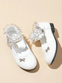 1 Pair White Rhinestone Princess Shoes For Girls, Soft Sole Breathable Leather Shoes, Small Heels Dance Shoes, Suitable For Performance, Party, All Seasons