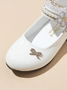 1 Pair White Rhinestone Princess Shoes For Girls, Soft Sole Breathable Leather Shoes, Small Heels Dance Shoes, Suitable For Performance, Party, All Seasons