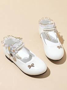 1 Pair White Rhinestone Princess Shoes For Girls, Soft Sole Breathable Leather Shoes, Small Heels Dance Shoes, Suitable For Performance, Party, All Seasons