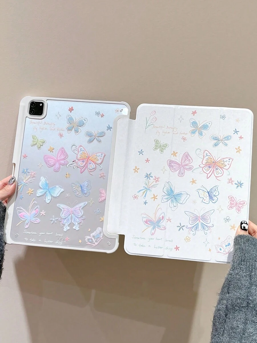 1 pieza Hermosa y linda carcasa protectora de acrílico transparente con diseño de flor y mariposa de dibujos animados pintada a doble cara, compatible con iPad y Samsung, soporta modo suspensión/activación - Multicolor - Ver 1