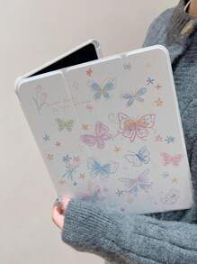 1 pieza Hermosa y linda carcasa protectora de acrílico transparente con diseño de flor y mariposa de dibujos animados pintada a doble cara, compatible con iPad y Samsung, soporta modo suspensión/activación - Multicolor - Ver 2