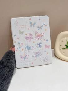 1 pieza Hermosa y linda carcasa protectora de acrílico transparente con diseño de flor y mariposa de dibujos animados pintada a doble cara, compatible con iPad y Samsung, soporta modo suspensión/activación - Multicolor - Ver 4