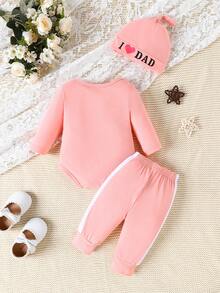 3件套女婴圆领长袖字母爱心印花连体衣、休闲侧边拼接裤、帽子 - 彩色 - 查看 2