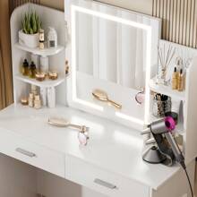 VOWNER Makeup Vanity Desk With Outlet, LED Lighted Mirror Brightness & Color Adjustable, 4 Shelves, 2 Drawers And Stool, For Girls Women - 白色 - 查看 7