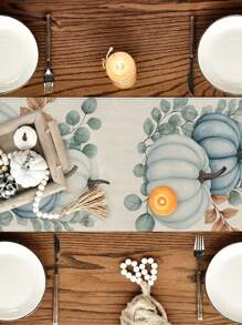 1pc Autumn Harvest Blue Pumpkin Pattern Table Runner, Seasonal Kitchen Dining Table Decor, Fall Holiday Home Indoor/Outdoor Party Supplies, Thanksgiving Decoration, Room Decor