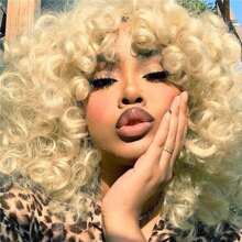 DZfirst 613 Blonde 16 Inch Curly Wigs Short Curly Wig With Bangs Heat Resistant Synthetic Fiber Hair Cosplay Wigs