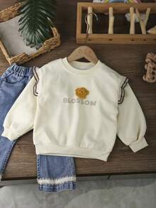 1 Stück Locker sitzender Rundhalsausschnitt Sweatshirt mit Rüschenärmeln in Weiß für Kleine Mädchen, Herbst/Winter - Beige - Übersicht 3
