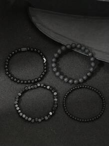 4Pcs/Set Volcanic Stone Wood Beads Multi-Layer Men's Bracelet Combination Set Elastic Bracelet