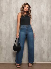 Shein Women's Wide Leg High Waist Luxury Butt Lifting Jeans 100% Denim - 藍色 - 查看 5