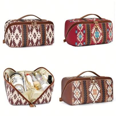 Western Travel Makeup Bag, Bohemian Cosmetic Bag For Women, Portable Pouch Open Toiletry Bag, Make Up Organizer With Divider And Handle Summer Travel, Vacation Home Bathroom Decor Holiday Makeup Organizer Bathroom Accessories Back To School