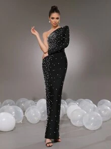Modphy Nuevo vestido de fiesta ajustado de manga larga con un hombro, con perlas, color negro, apropiado para fiestas de cumpleaños de mujeres, días de Navidad, cenas formales