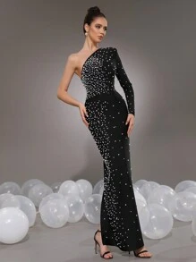 Modphy Nuevo vestido de fiesta ajustado de manga larga con un hombro, con perlas, color negro, apropiado para fiestas de cumpleaños de mujeres, días de Navidad, cenas formales