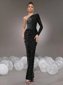 Modphy Nuevo vestido de fiesta ajustado de manga larga con un hombro, con perlas, color negro, apropiado para fiestas de cumpleaños de mujeres, días de Navidad, cenas formales