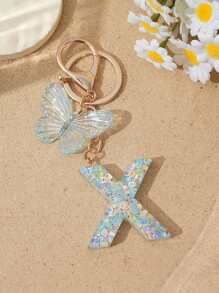 1pc Creative Keychain With Letter Stone Resin Pendant, Butterfly Tassel Letter Charm Keyring For Girls - White - View 37
