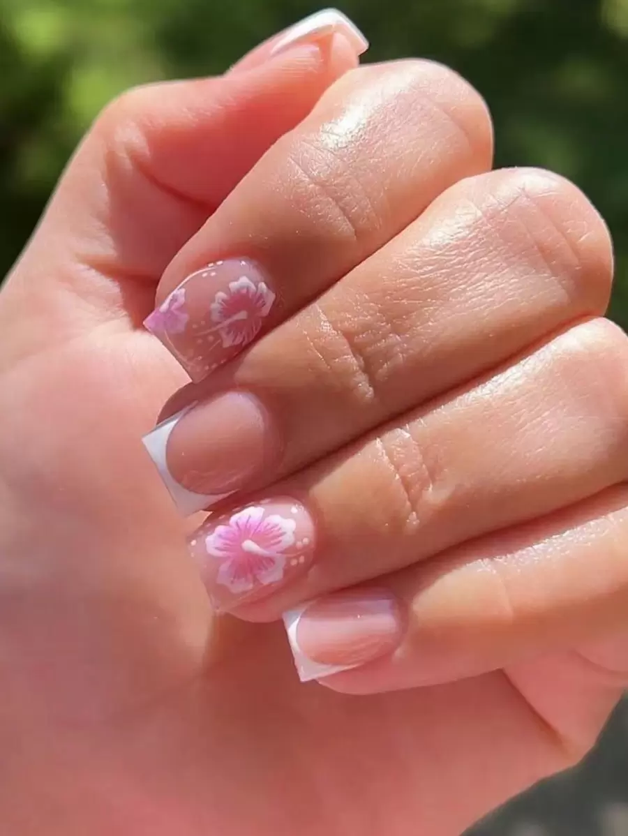 24Pcs Light Pink Short Floral Nail Art Stickers Press On Nails Nail Supplies Nails - Pink - View 1