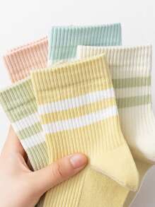 5 pares de calcetines de tripulación hasta el tobillo transpirables a rayas de color macaron para mujeres, surtido aleatorio