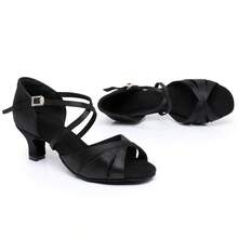 新款女士成人拉丁舞鞋，中跟软底练习舞鞋，标准舞厅表演恰恰舞鞋，黑色，鞋跟约5厘米 - 黑色 - 查看 7