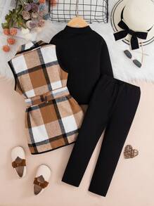 Young Girl Casual Plaid Lapel Sleeveless Long Top Jacket & Solid Ribbed Turtleneck Long Sleeve Top And Pants Set & Belt - Brown - View 2