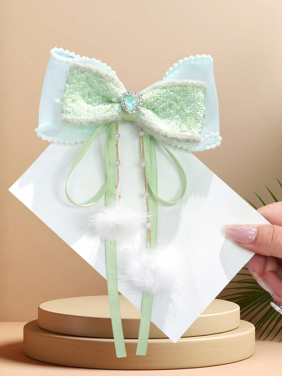1pc Pearl Edge Ribbon Bowknot Hair Clip With Tassel - Green - View 1
