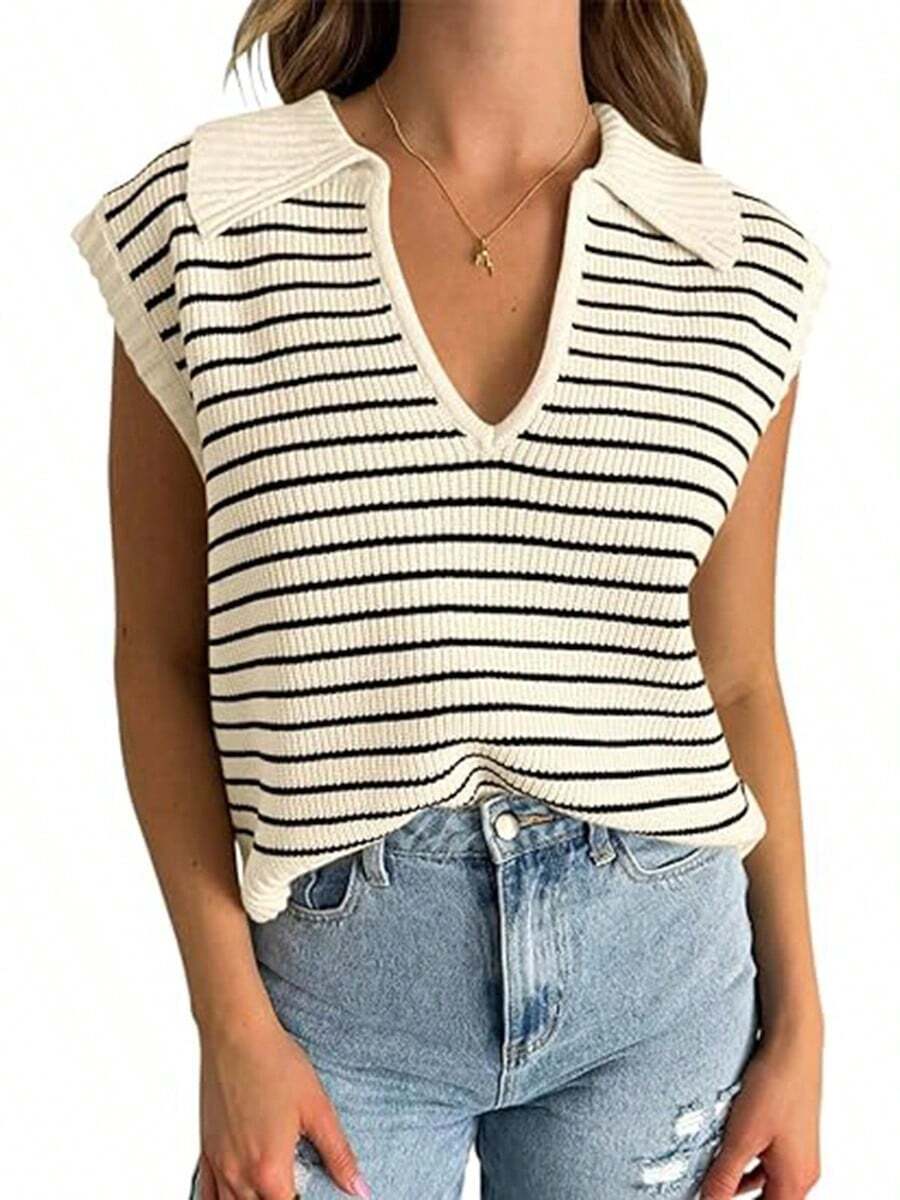 Summer Sweaters For Women 2024 V Neck Cap Sleeve Tops Sleeveless Spring Clothes Sweater Vest - 米色 - 查看 1