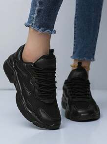 Women's Casual Sports Shoes, Spring & Autumn New Lace-Up Low-Top Leather & Mesh Contrast Breathable Lightweight Unisex Chunky Sneakers, Fashionable Chunky Sole Anti-Skid Wear-Resistant Casual Outdoor Walking Travel Leisure Couple Sneakers Midtop Leather Shoes, Waterproof Sporty Small White Shoes - Black - View 4