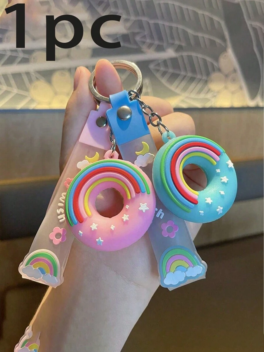 New Cute Donut Keychain Pendant, Couple Backpack Charm, Car Decor, Exquisite Small Gift, Car Hanging Ornament, Short Rope Keychain, Suitable For Multiple Scenarios, Perfect For Bag Decoration - Blue - View 1