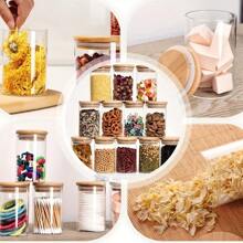 3/4/8 tarros de vidrio con tapas selladas, tarros de caramelos con cucharas, recipientes de almacenamiento de alimentos con tapas de bambú, tarros transparentes, para té, café, especias, dulces, utensilios de cocina, accesorios de cocina, artículos para fiestas - 3 tarros de condimentos de 8 oz. - Ver 8