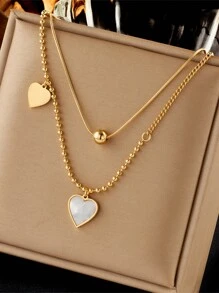 1pc Gold-Plated Double Layer Stainless Steel Chain With Shell & Heart Shaped Pendant Necklace - Multicolor - View 7
