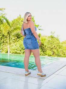 Women's Plus Size Strapless Lycra Denim Dress - 藍色 - 查看 3