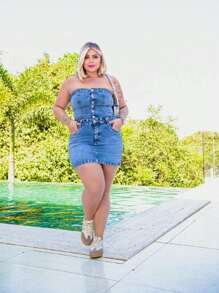 Women's Plus Size Strapless Lycra Denim Dress - 藍色 - 查看 2