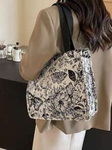 1pc Floral Print Canvas Tote Bag, Shoulder Bag, Lightweight Crossbody Bag, Convenient Storage Bag, Commuter Bag For Women, Large Capacity Handbag, Multi-Function Embroidered Flower Shoulder Bag, Portable Storage Bag - Multicolor - View 3