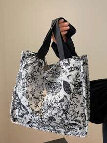 1pc Floral Print Canvas Tote Bag, Shoulder Bag, Lightweight Crossbody Bag, Convenient Storage Bag, Commuter Bag For Women, Large Capacity Handbag, Multi-Function Embroidered Flower Shoulder Bag, Portable Storage Bag - Multicolor - View 7