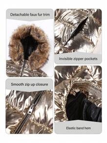 Womens Lightweight Jacket, Winter Coats For Women Warm Quilted Bubble Padded Hood Coat With Faux Fur Collar - 金色 - 查看 3