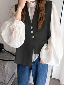 Minimalist Design Solid Color V-Neck Sleeveless Cardigan Vest - Black - View 3